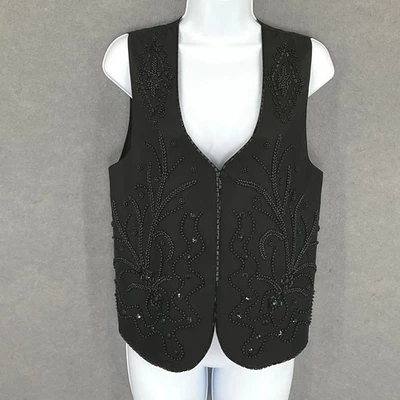 Chaleco informal de esquina con cuentas de seda adornado negro festival fiesta noche top Foto 1 de 4