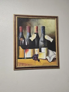 Vintage Still Life Painting - Bottles of Wine and Grapes - Framed Oil on Canvas - Picture 1 of 11