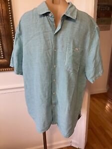 EXC Tommy Bahama Linen Blend Turquoise White Checks Hawaiian  Camp Shirt  Sz XL