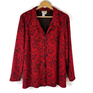 Coldwater Creek Shirt Top Size 1X Red Paisley Collared Button Slit Long Sleeve - Picture 1 of 9