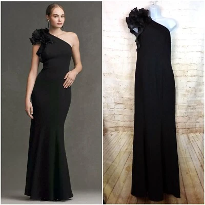 Aidan Mattox Gown Womens 6 Black One Shoulder Organza Sleeve Mermaid Evening NWT - image 1 of 4