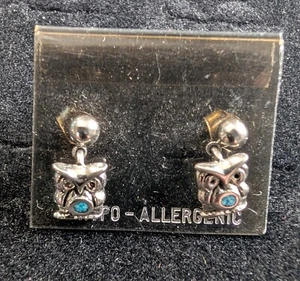 Earring Drop Post Turquoise Chip Inlay Owl Nickel Silver Post Earrings Size 1/4" - Picture 1 of 2