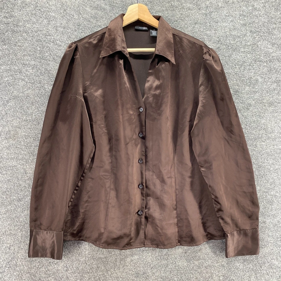 Camisa East 5th para mujer 16 Plus marrón con cuello abotonado manga larga lisa informal Foto 1 de 4