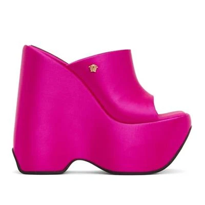 全新带标签 $1225 VERSACE 皮革三平台楔形高跟鞋穆勒鞋粉色 35 码美国 5 码 — 第 1/4 张图片