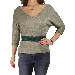 Vintage 70s YOUNG EDWARDIAN Sz Small S Green Shimmer Knit Belted Knit Top V-neck - Picture 1 of 11