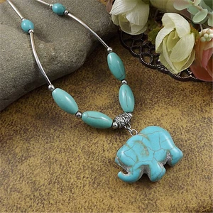 Women Vintage Women Blue Turquoise Silver Plated Elephant Pendant Necklace Gift - Picture 1 of 1