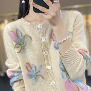 Fashion Womens Wool Cardigans Round Neck Floral Printed Loose Coat Sweaters - Picture 1 of 16