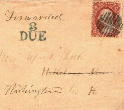 USA Cover NEW HAMPSHIRE *Boscawen* 3c Washington Franking 3c DUE c1857 S89a - Image 1 of 4
