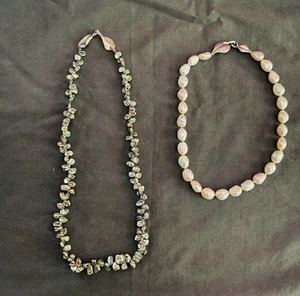 2 Sterling 925 Silver Leaf Clasp Baroque Pearl And Abalone Shell Necklaces 76 Gr - Picture 1 of 14