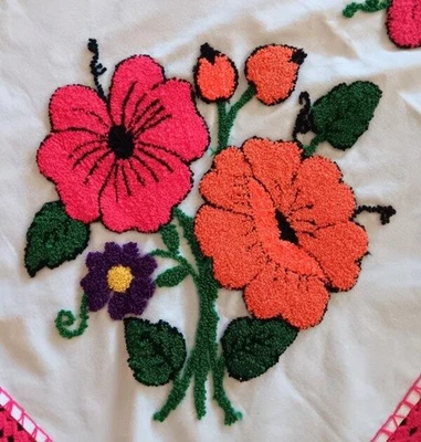 Vintage Pink Orange Punchwork Embroidery Tablecloth Red Lace Topper 42" - Image 1 of 4