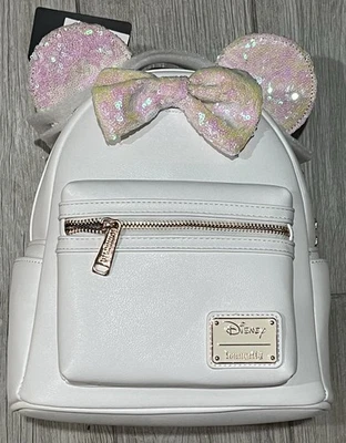 Bolso Loungefly Mini Mochila Parques Disney Minnie Mouse Lentejuelas Rosa Blanco Nuevo Foto 1 de 4