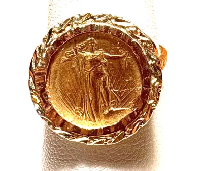 1986 $5 Gold Eagle Coin 1/10 oz Fine Gold in 14k Gold Ring size 8 - Image 1 of 4