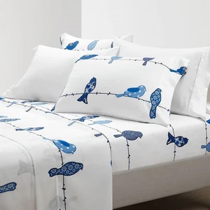 Queen Size blau weiß Blumen Vögel auf Draht weiches Polyester 6 Stück Lakenset - Bild 1 von 3