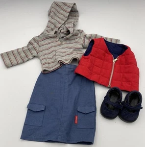 American Girl Doll Urban Outfit Red Navy Vest Gray Hoodie Jean Skirt - Picture 1 of 8