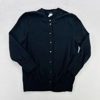 J.Crew Cardigan Sweater Womens Medium Black Crewneck Cotton Stretch Button Front - Image 1 of 4