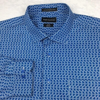 Camisa de vestir Paul Fredrick para hombre 18-36 azul/blanco estampado geométrico calce clásico Foto 1 de 4