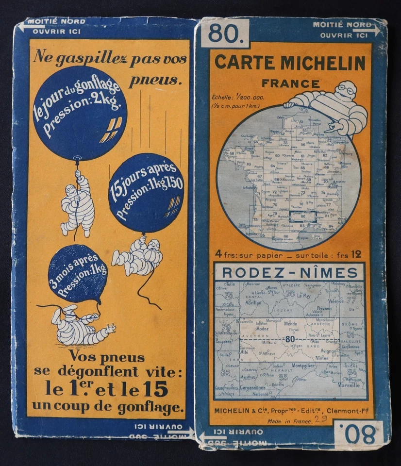 Tarjeta MICHELIN 80 RODEZ NIMES 1929 Guía Bibendum neumáticos mapa - Imagen 1 de 1