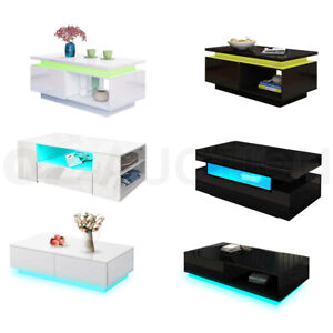 Modern LED Coffee Table Cabinet Storage Shelf Gloss Wood Living Room Furniture
