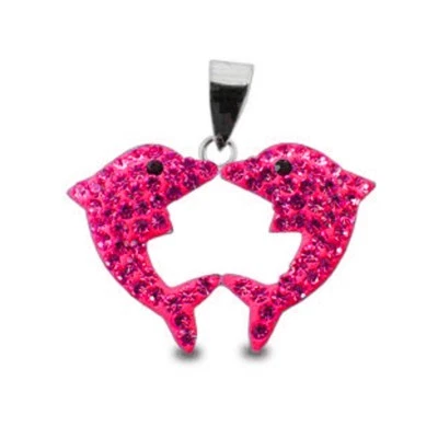 925 Silber 3D Delphin Herz Anhänger Rosa Strass Kette Kristalle Charms NEU - Bild 1 von 2