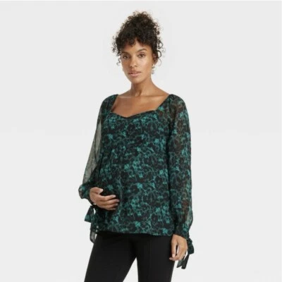 Long Sleeve Corsetry Woven Shirt Isabel Maternity Black Green XS NEW - Image 1 of 4