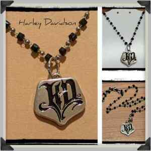 Harley Davidson Enamel HD Charm Necklace on Black Square And Ball Bead Chain 