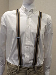 1 1/4 Khaki Navy Khaki Regimental 3 stripe Elastic Suspenders Braces Casual New - Picture 1 of 3