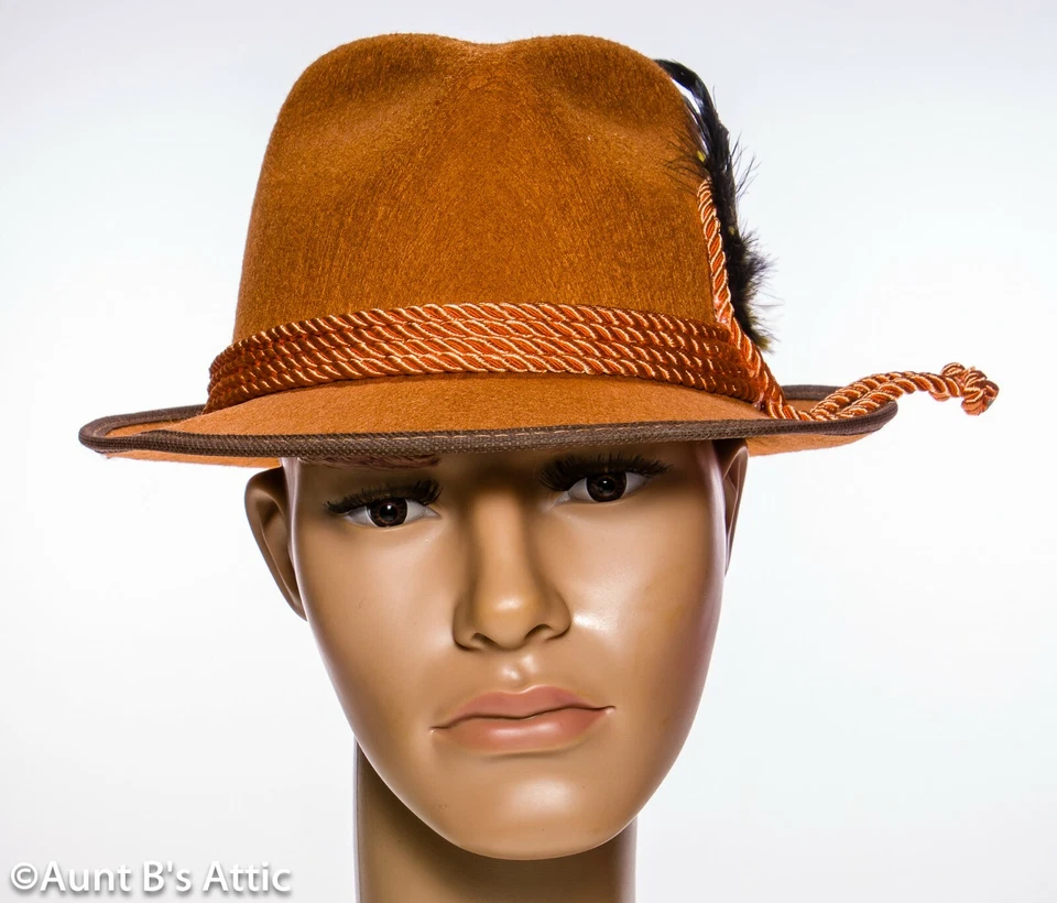 Oktoberfest Hat Alpine Tyrolean Brown Pressed Felt W/ Cord & Feathers - Image 1 of 2