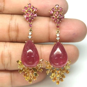 925 Sterling Silver Red Ruby, Sapphire & Zircon Earrings 18K Gold Plated - Picture 1 of 4