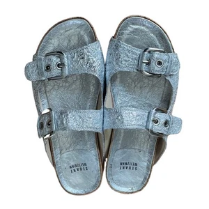 Stuart Weitzman Metallic Silver Leather Sandals | 6.5, Rare Birkinstock Style - Picture 1 of 9