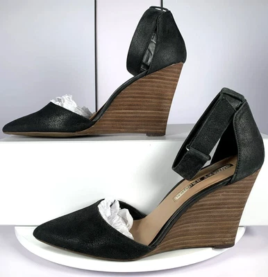 Audrey Brooke Womens Black Leather Pointed Toe Wedge Ankle Strap Heels Shoe, 9M - Image 1 of 4