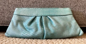 LAUREN MERKIN Teal Blue Leather Hinged Frame CLUTCH Bag - Picture 1 of 6