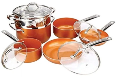 Nuevo juego de sartenes y ollas de cocina antiadherentes de cobre de 10 piezas con tapas Foto 1 de 2