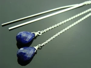 Lapis Lazuli Teardrop Beads Handmade Silver Plated chain Threader Drop Earrings - Picture 1 of 16