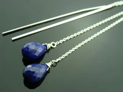 Lapis Lazuli Teardrop Beads Handmade Silver Plated chain Threader Drop Earrings - Image 1 of 4