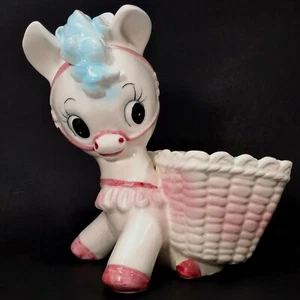 Vintage Relpo Baby Planter Pony Donkey Cart Ceramic 5744 Label Japan Flaw - Bild 1 von 12