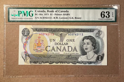 1973 Canada $1 BC-46a PMG 63 EPQ S/N AC0762113 Lawson | Bouey Cover