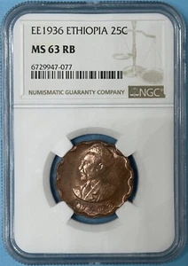 Ethiopia EE 1936 1943-44 25 Cents Copper Coin Haile Selassie I NGC MS63RB Lion - Picture 1 of 2