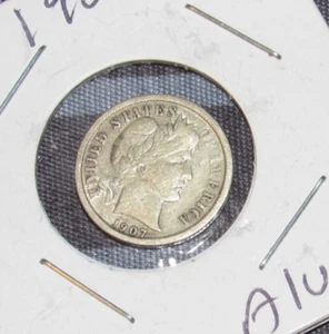 AU condition Silver 1907 p Philadelphia Mint Silver Barber Dime. Pre-WWI Era - Picture 1 of 8