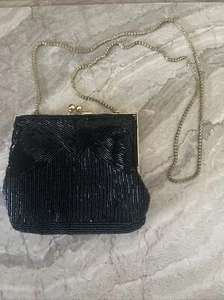 Vintage 1960s MAGID Black Beaded Evening Purse/Bag with golden Shoulder Strap - Picture 1 of 9