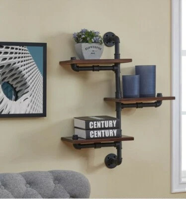 31.1" x 24.2" 3 Tier Industrial Style Pipe Wall Shelf Brown/Black - Image 1 of 4