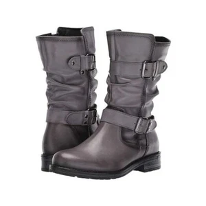 NEW Eric Michael Noelle Grey Strappy Buckle Zipper Mid Calf Motorcycle Boot - Picture 1 of 5
