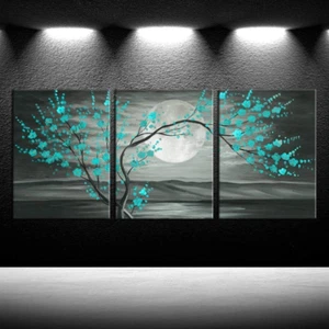 3Pcs Grey and Teal Floral Canvas Prints Framed Plum Blossom Tree Oil Painting Pr - Picture 1 of 12