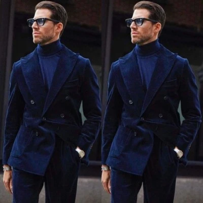 Trajes de terciopelo azul marino para hombre solapa pico formal negocios novio fiesta 2 piezas hombres esmoquin Foto 1 de 4