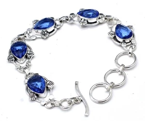 925 Sterling Silver Sapphire Gemstone Handmade Jewelry Bracelet Size-7-8" - Picture 1 of 8
