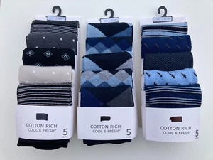 M & S MARKS AND SPENCER Men's Cotton Rich Socks 5 PAIRS BLACK/GREY NAVY/ARGYLE - Picture 1 of 15