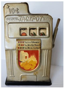 Vintage Jackpot Fortune Bank; Dime Saving Slot Machine - Works! - Picture 1 of 5