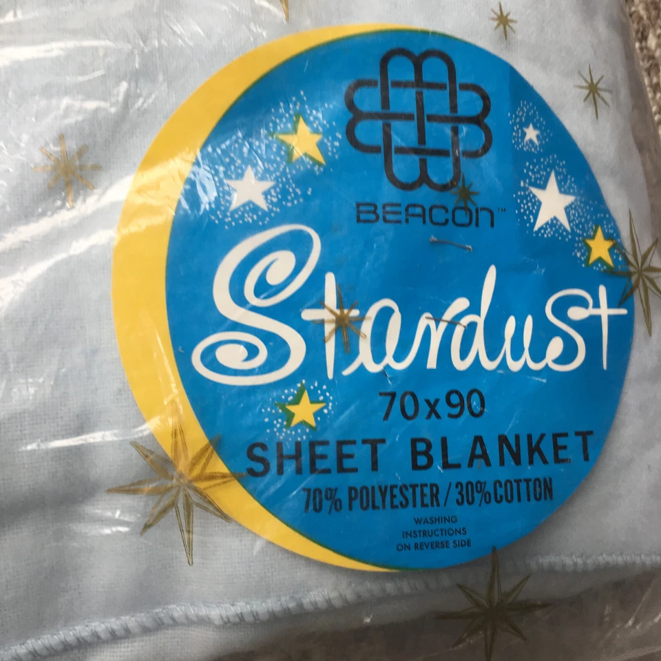 Vintage Beacon Blanket 70"x90" Blue Polyester Cosmic Atomic Print Stardust Thin - Image 1 of 4
