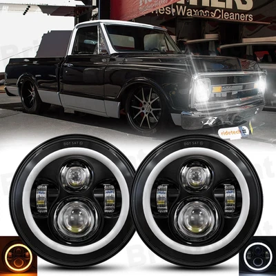 Pair 7" Round LED Headlights Hi-Lo Beam For Chevy C10/20/30 Pickup LUV Nova Vega - Image 1 of 4