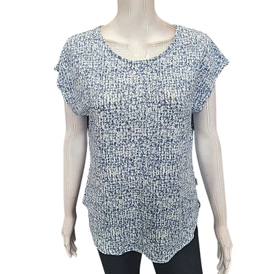 Женский топ маленький размер синий напечатано короткие рукава каждый день льняной смеси блузка - Изображение 1 из 4