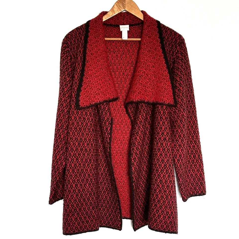 Chico's Cardigan Women's Size 3 Red Black Textured Knit Open Front Long Sleeve - Image 1 of 4